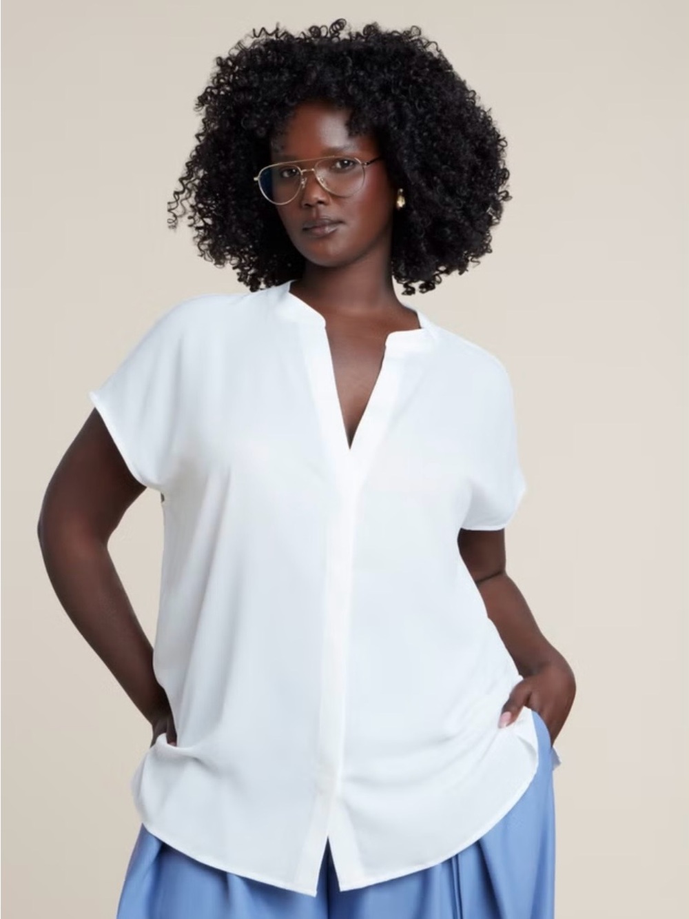 Eloquii White Notch Collar Short-Sleeve Blouse 14